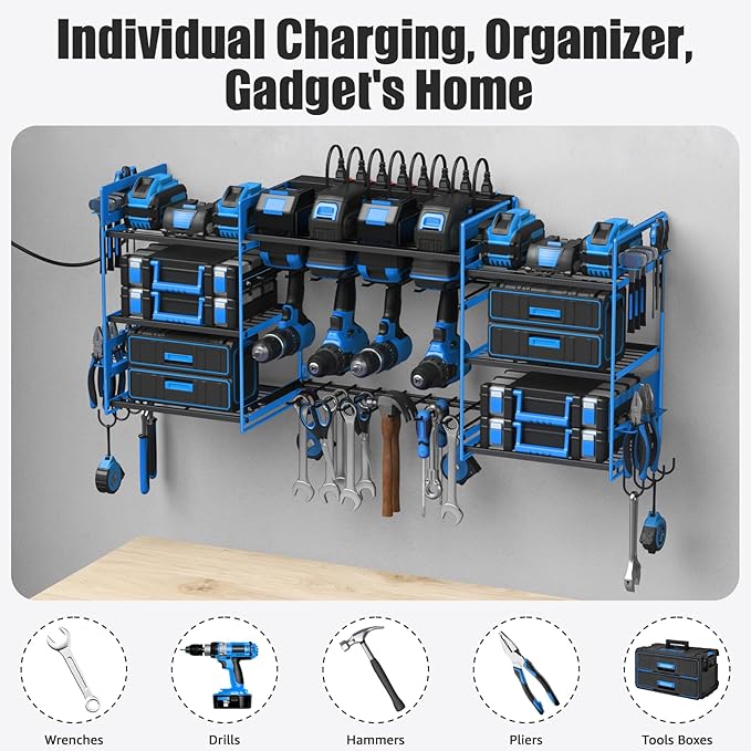 CCCEI Blue Power Tool Organizer Wall Mount, Large Tools and Battery Storage Rack Charging Station Individual Switches. Drills Holder, Garage Utility Shelves with 6FT Power Strip. Gift for Men.-NeatNest