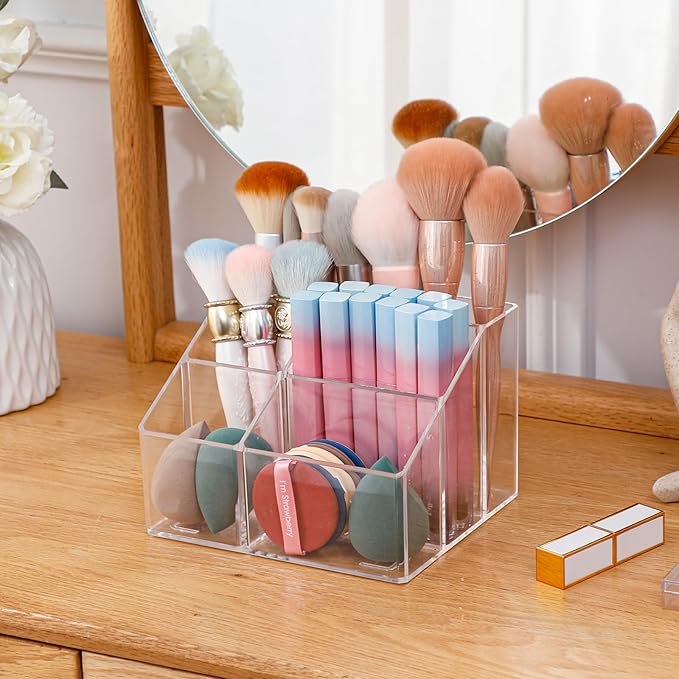 Yesesion Clear Makeup Organizer with 5 Compartments, Plastic Bathroom Counter Storage for Skincare, Toothbrush, Cosmetics Brushes, Palette, Lipsticks, Hair Accessories Holder for Vanity Dresser-NeatNest