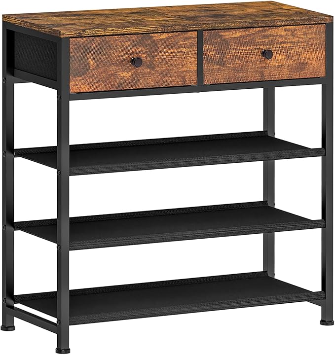 usikey Shoe Rack, 4 Tier Shoe Storage Organizer with 2 Drawers, Metal Shoe Shelf for 9-12 Pairs of Shoes, with 3 Fabric Shelves and Wooden Top, Shoe Stand for Closet Entryway, Rustic Brown-NeatNest