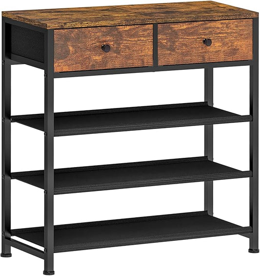 usikey Shoe Rack, 4 Tier Shoe Storage Organizer with 2 Drawers, Metal Shoe Shelf for 9-12 Pairs of Shoes, with 3 Fabric Shelves and Wooden Top, Shoe Stand for Closet Entryway, Rustic Brown-NeatNest