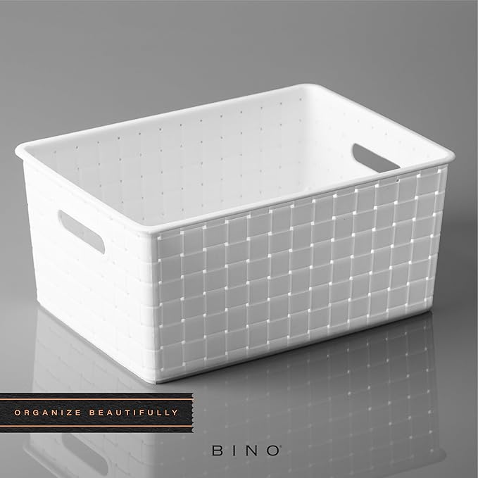BINO | Plastic Storage Baskets Large - White | THE STABLE COLLECTION | Multi-Use Storage | Rectangular Cabinet Organizer | Baskets For Organizing with Handles | Home Office Organization and Storage-NeatNest