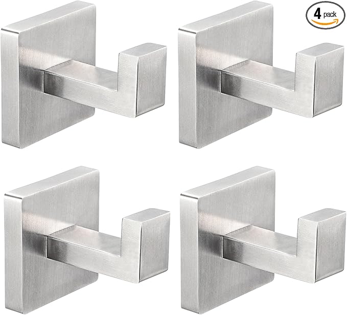IBosins 4 Pack Towel Hooks Hand Towel Holder for Bathroom Wall Livingroom Bedroom Kitchen Closet Heavy Duty Stainless Steel Hook Hanger for Robe, Bath Towel, Coat (Square Brushed Silver)