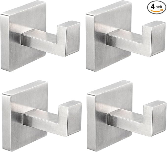 IBosins 4 Pack Towel Hooks Hand Towel Holder for Bathroom Wall Livingroom Bedroom Kitchen Closet Heavy Duty Stainless Steel Hook Hanger for Robe, Bath Towel, Coat (Square Brushed Silver)