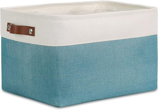 DULLEMELO Fabric Storage Basket for Shelves/Closets, Collapsible Rectangle Basket for Organizing Clothes, Toys, Towels, Books, Laundry, Nursery, Dog Toy Basket Empty (White&Teal)-NeatNest