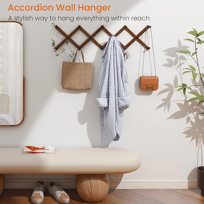 Homode Accordion Wall Hanger, Hat Rack for Wall, Wood Expandable Coat Rack, Vintage Accordian Peg Hooks Purse Organizer for Hanging Baseball Caps, Coffee Mug, Hats, Clothes, Backpack, Towel-NeatNest