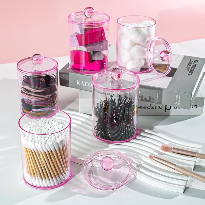 Qtip Holder Dispenser, 6 Pack 10 oz, 12 oz Plastic Apothecary Jar Set for Bathroom Canister Storage Organization,Vanity Makeup Organizer for Cotton Swab, Ball, Pads, Floss.(Pink)
