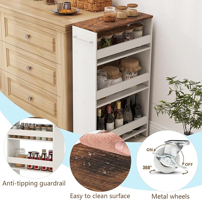 POWERSTONE 4-Tier Slim Storage Cart, Narrow Kitchen Rolling Cart w/Handle & Open Shelves, Skinny Slide Out Utility Organizer Trolley for Kitchen Bathroom Laundry Small Spaces White & Rustic Brown