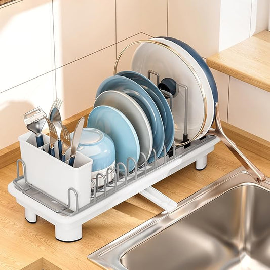 Compact Dish Drying Rack with Utensil Holder – Small Countertop Dish Drainer with 360° Rotating Drain Spout, Stainless Steel Dish Rack for Kitchen Sink, Space-Saving Design for Small Kitchen, White-NeatNest