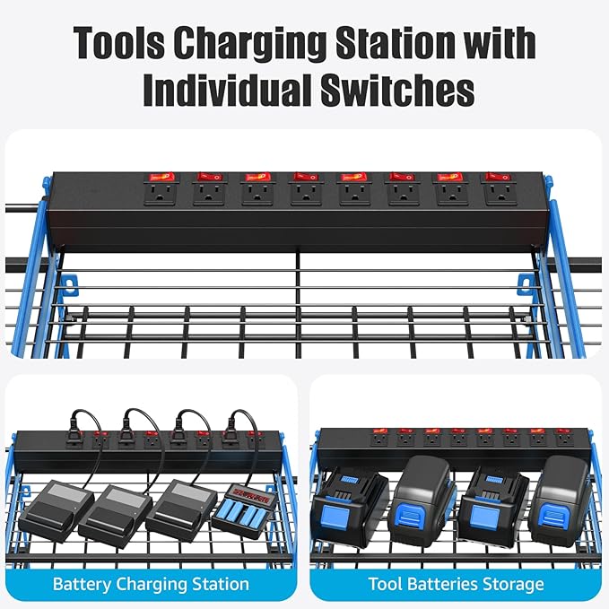 CCCEI Blue Power Tool Organizer Wall Mount, Large Tools and Battery Storage Rack Charging Station Individual Switches. Drills Holder, Garage Utility Shelves with 6FT Power Strip. Gift for Men.-NeatNest