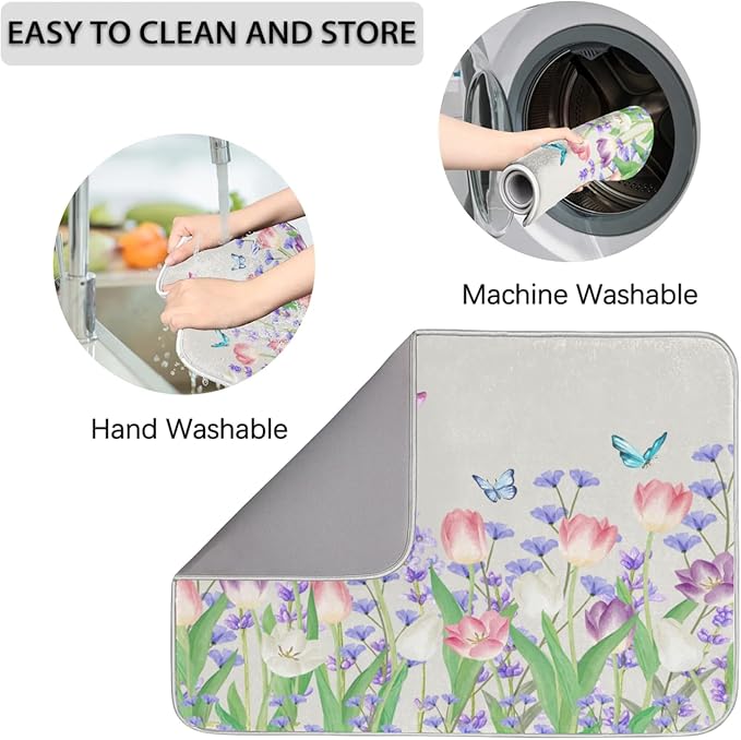 Dish Drying Mat for Kitchen Counter - Absorbent Microfiber Drying Rack Pads Reversible Dish Pad Draining Mats for Countertop Coffee Mats,18x24 inch(Tulip Flower Field)