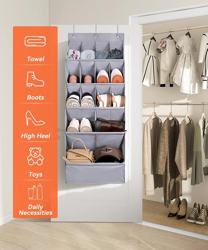 FENTEC 1 Pack Over-the-Door-Shoe-Organizers, Hanging Shoe Organizers with Large Pocket Shoe Holder Hanging Shoe Rack for Closet Shoe Organizer for Wall, Over Door Organizer with 15 Pockets Gray-NeatNest