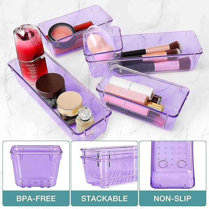 10 PCS Drawer Organizer Set, 4 Varied Size Bathroom and kitchen Drawer cabinet organizer Trays, Clear Storage Bins for Makeup, Jewelry, Utensils and Gadgets, Purple-NeatNest