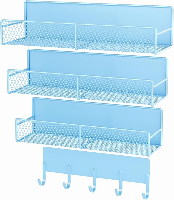 4 Pack Magnetic Shelves for Washing Machine, Heavy-Duty Magnetic Laundry Organizer with Hooks, Washing Machine Shelf for Refrigerator, Metal Storage Baskets, Closet & Laundry Room Organization (Blue)