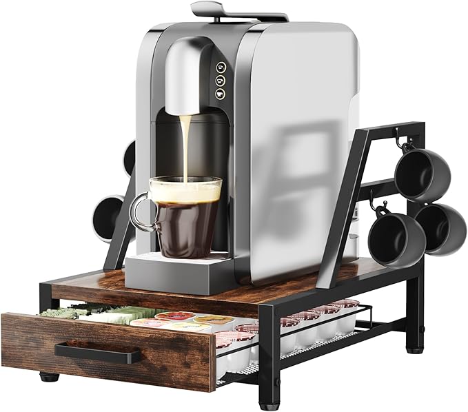 K Cup Holder Drawer - K Cup Storage Organizer, Coffee Pod Drawer with Hooks, Durable Iron-Wood Design, Space-Saving Coffee Station Organizer for Kitchen Counter-NeatNest