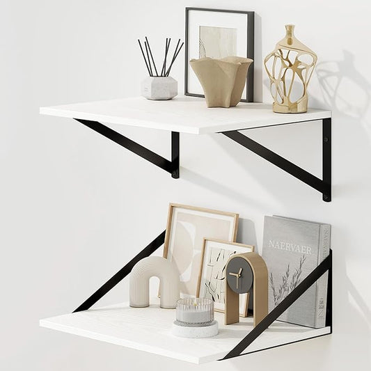 Fun Memories Floating Shelves for Wall, 12 Inch Deep Floating Shelves Set of 2, 16W x 12D Large Wall Shelf with Sturdy Metal Brackets for Living Room, Bathroom, Bedroom and Kitchen, White-NeatNest