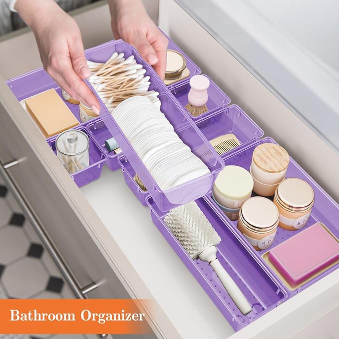 25 PCS Plastic Drawer Organizer Set, 4-Size Versatile Organizer Trays & storage Bins for Makeup, Jewelry, and Gadgets in Bathroom, Bedroom and Office,Clear Purple-NeatNest