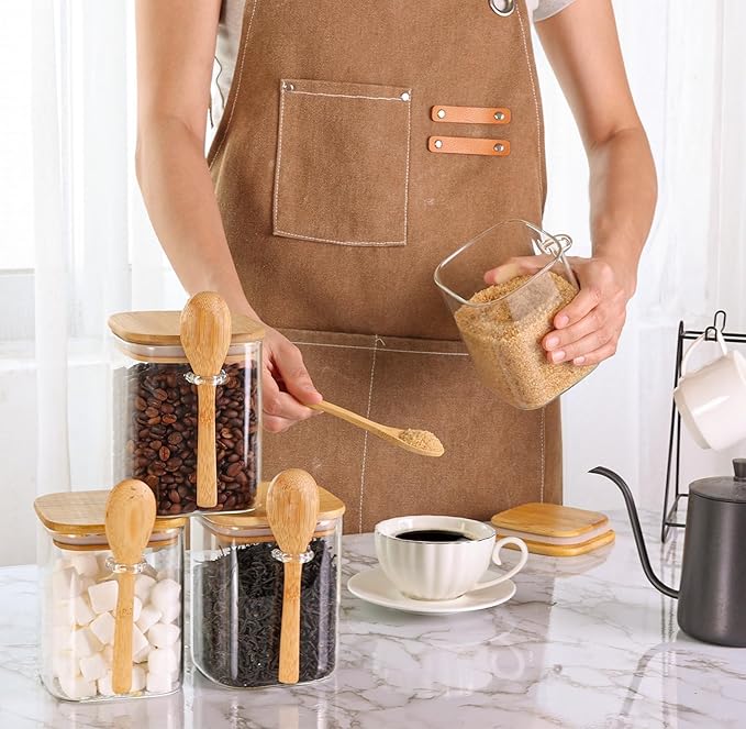 ComSaf 0.8 Qt Glass Jars with Bamboo Lids & Spoons Set of 4, Square Glass Containers with Lids, Sugar Coffee Containers Salt Spice Jars, Pantry Storage Container for Loose Tea, Candy, Brown Sugar, Nut-NeatNest
