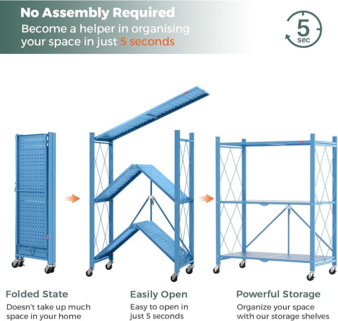 DEANIC 3 Tier Foldable Storage Shelves with Wheels, Kitchen Appliance Stand, Freestanding Metal Wire Shelf Rack, No Assembly Organizer Rolling Cart for Garage, Basement, Pantry(Blue)