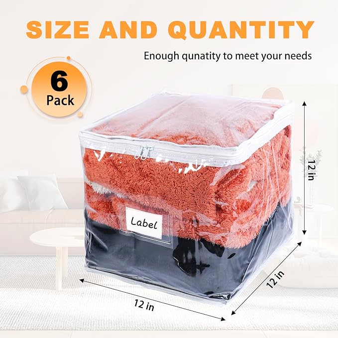 Clear Zippered Storage Bags Plastic Sweater Storage Bags with Zipper 6 Packs Clothing Organizer for Blankets Linen Sweater Bed Sheet Quilt Clothes Pillow (12 x 12 x 12 Inch)-NeatNest