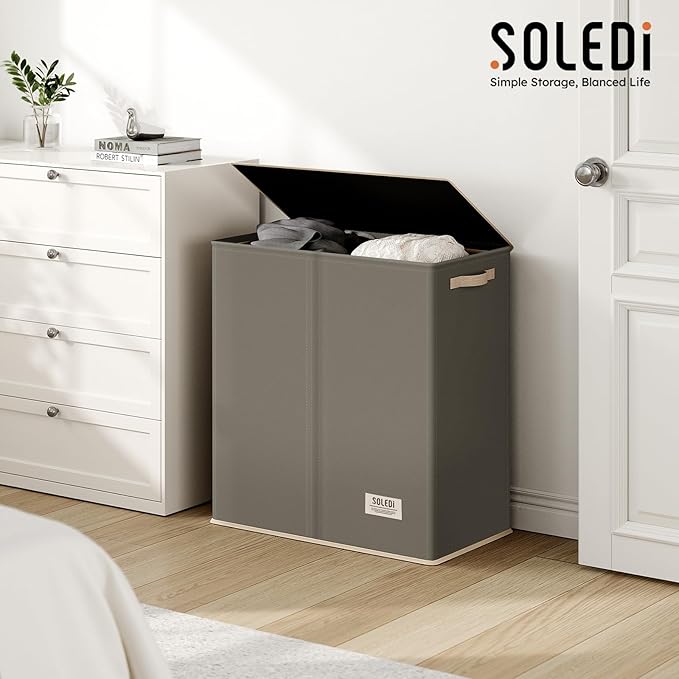 SOLEDI Large Double Laundry Hamper with Lid, Collapsible Clothes Hamper 2 section with Removable Bags, Space-Saving Laundry Basket for Bedroom, Dorm, College-NeatNest