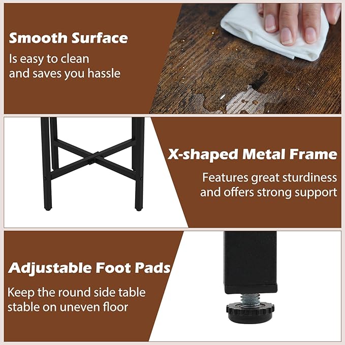 GOFALME Round End Table with Storage, Sofa Side Table with Removable Fabric Basket, Metal Frame, Wooden Top, Industrial, 2-Tier Bedside Table for Living Room, Bedroom, Rustic Brown