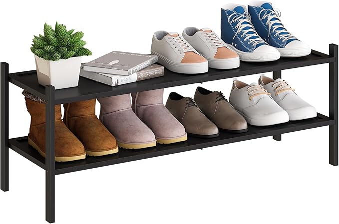 BMOSU 2-Tier Bamboo Extended Shoe Rack Premium Stackable Shoe Shelf Storage Organizer for Hallway Closet Living Room Entryway Organizer(Black)-NeatNest