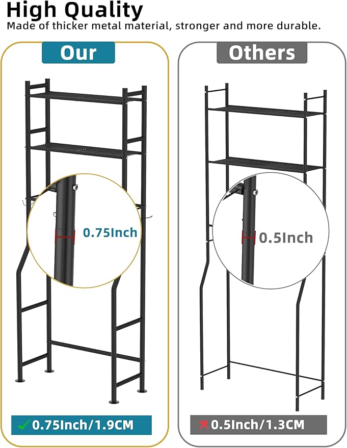 3-Tier Over The Toilet Storage, Freestanding Metal Bathroom Shelves with 4 Hooks, Over Toilet Storage Shelf with Paper Holder, Above The Toilet Shelf for Bathroom Storage, Black-NeatNest