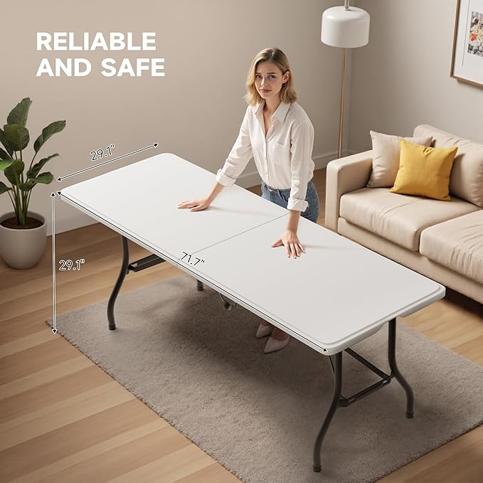 Folding Table 6 Foot - Heavy Duty 600LBS Capacity, Sturdy & Foldable Design with Safety Lock - Portable Tables Folding for Camping, Party, Indoor & Outdoor Use, 1 Pack-NeatNest