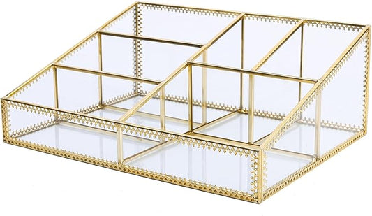 Vintage Gold Makeup Organizer - Glass Makeup Organizer Countertop Organizer for Make-Up Brushes Vanity, Tabletop Organizer Display Case for Bathroom, Vanity, Drawers GJB001