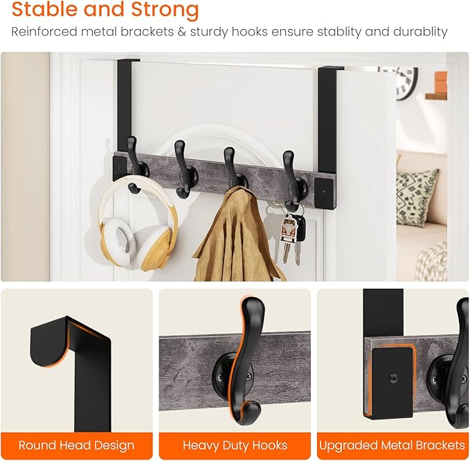 Homode Over The Door Hooks Heavy Duty, Wood Over The Door Towel Rack for Bathroom Door, Rustic Over The Door Hanger,Back of Door Hooks Coat Hooks for Hanging Towels Clothes Hats Bags, Grey