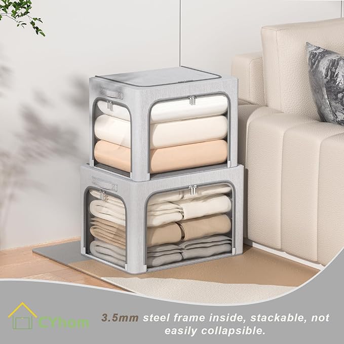 3 Openings Clothes Storage Bins Box - 3Pack Stackable Foldable Storage Bin - Metal Frame Storage Box Clothing Storage Organizer with Clear Window, Carry Handles (66L-19.7x15.7x13in, Light Grey)-NeatNest