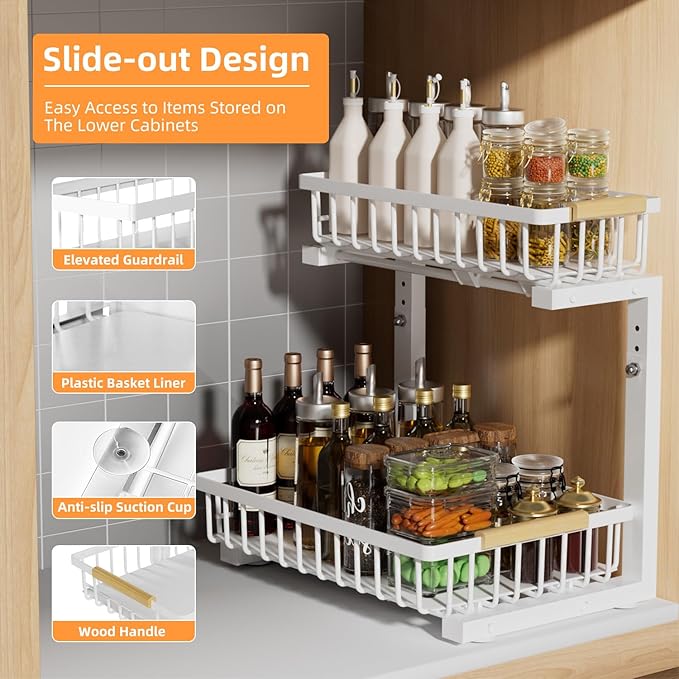 Under Sink Organizer, 2 Tier Height Adjustable Pull Out Cabinet Organizer Drawer, Metal Storage Shelf with Slide Out Wire Basket for Bathroom Kitchen, Countertop Pantry, White-NeatNest