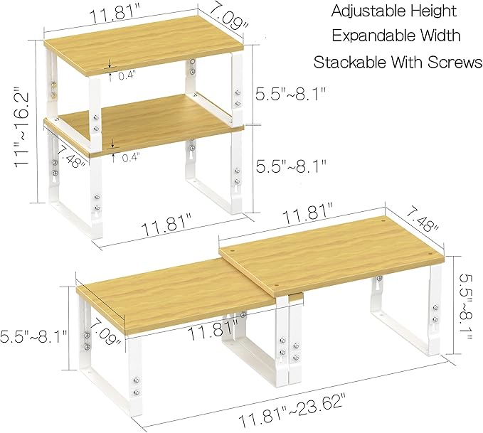 Expandable Kitchen Cabinet Organizer Shelves – Stackable Adjustable Metal and Wood Storage Racks for Countertop, Pantry, Garage Set of 2 Spice Rack – Easy Assembly, Space-Saving(1 Pack/Medium/White)-NeatNest