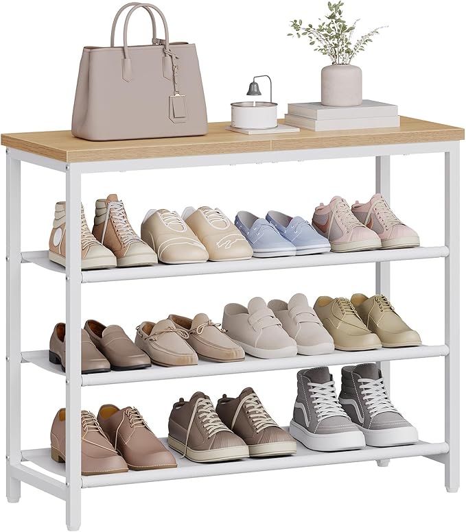 HOOBRO Shoe Rack with 3 PU Shelves, 4-Tier Shoe Storage Organizer for Closet and Entryway, Holds 9-12 Pairs of Shoes, Sturdy Metal Frame, Small Spaces, White and Natural WN94XJ01-NeatNest
