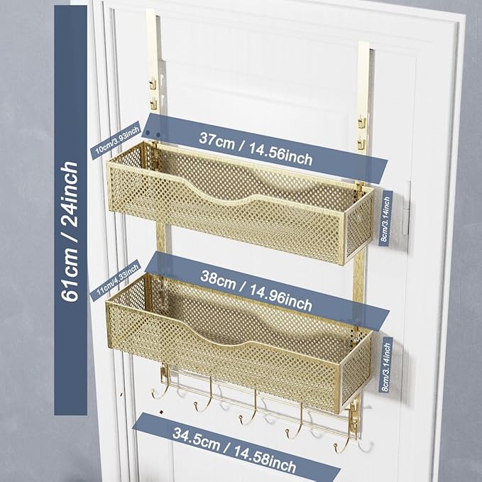 BRENNHOLZ Over The Door Hooks Organizer,Coat Rack with 10 Hooks and 2 Mesh Baskets,Back of Door Storage Organizer for Bathroom,Bedroom,Kitchen,Office(Golden)-NeatNest