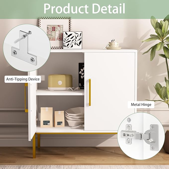 JOZZBY Storage Cabinet with Doors, Free Standing Buffet Cabinet, Modern Wooden Sideboard, White Side Cabinets for Bedroom, Living Room, Kitchen, Office and Hallway WLFH0007WH