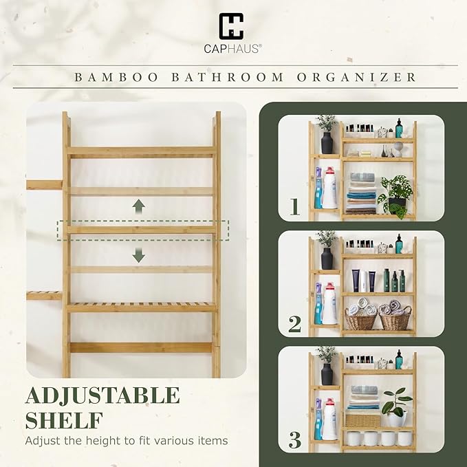 CAPHAUS Over -The -Toilet Storage Shelf,7-Tier Bamboo Bathroom Organizer Shelf Rack Over Toilet with Adjustable Feet & Hooks, Freestanding Toilet Shelf for Bathroom Laundry Balcony Plant Stand,Black-NeatNest