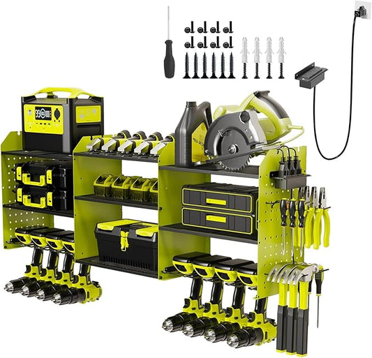 45" Power Tool Organizer Wall Mount with Charging Station - 3 Layer Storage Racks with 8 Cordless Drill Holder, 4 Hooks, Heavy Duty Garage Tool Organizer Storage for Workshop Shed Pegboard Basement