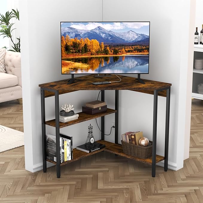 Corner Desk with Outlets & USB Ports, 90 Degree Triangle Corner Table with CPU Stand & Storage Shelves for Small Space, Computer Table with Charging Station for Home Office Bedroom (Rustic)-NeatNest