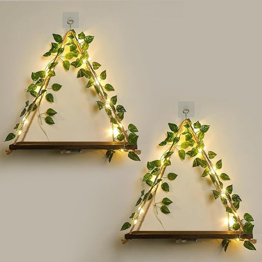 Floating Shelves for Wall,Plant Wall Decor,Hanging Shelf,Cottage Core Decor,Room Decor Aesthetic,Boho Room,Adhesive Shelves,Floating Shelves for No Drilling,Two-Piece Set(Green Leaf)-NeatNest