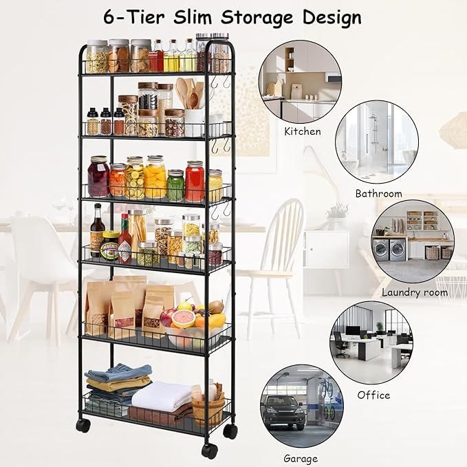 6 Tier Slim Storage Cart with Wheels Metal Rolling Organizer Utility Cart Narrow Mobile Shelving Unit Tiered Storage Shelf on Wheels for Kitchen Bathroom (Black, 6")