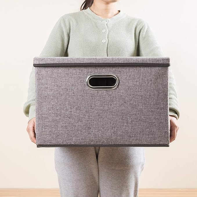 PRANDOM Large Collapsible Storage Containers with Lids [5-Pack] Linen Fabric Foldable Storage Bins Boxes Organizer Baskets Cube with Cover for Home Bedroom Closet Office Nursery (17.7x11.8x11.8)-NeatNest