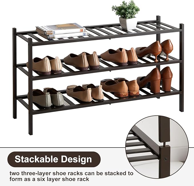 Long Shoe Rack, 3-Tier Bamboo Stackable Shoe Shelf Storage Organizer, Shoe Stand for Closet, Entryway and Hallway-NeatNest
