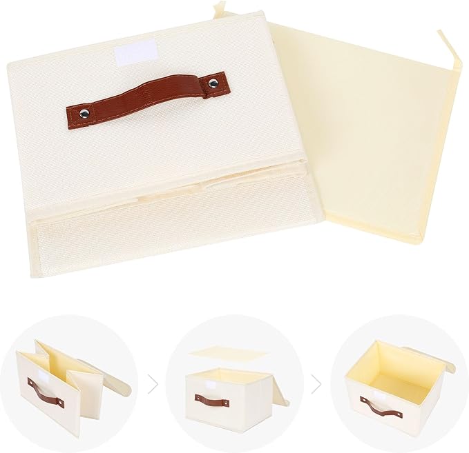 ANMINY 2PCS Storage Bins with Lid PU Leather Handles Storage Boxes PP Plastic Board Decorative Foldable Lidded Cotton Linen Fabric Home Cubes Baskets Closet Organizer Containers - Beige, Small Size-NeatNest
