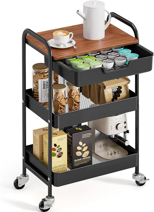 TOOLF 3-Tier Utility Rolling Cart with Wooden Board and Drawer, Metal Storage Cart with Handle, Black Trolley Kitchen Organizer Rolling Desk with Locking Wheels for Office, Classroom, Home, Bedroom-NeatNest