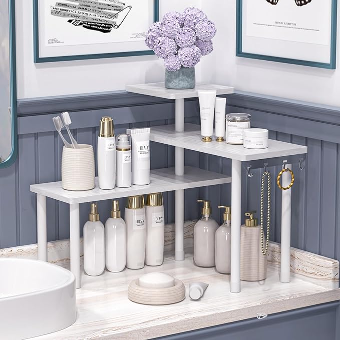 JayRex Bathroom Organizer Countertop Corner Shelf, 3 Tier Moveable Organizer for Make Up, Dresser Table, Desktop (White)-NeatNest