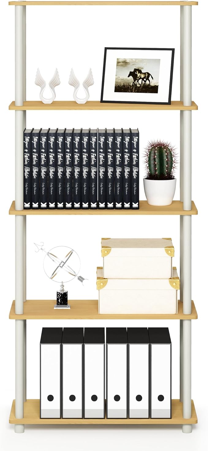 Furinno Turn-N-Tube 5-Tier Multipurpose Shelf / Display Rack / Storage Shelf / Bookshelf, Round Tubes, Beech/White-NeatNest