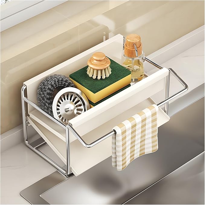 Kitchen Sink Sponge Rack, Self Draining Kitchen Sink Storage Rack, Rust-Proof Stainless Steel Dish Sponge Storage Rack (with Dish Cloth Rack), Bathroom Soap Dispenser Storage (White)-NeatNest