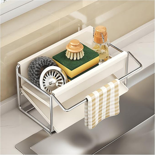 Kitchen Sink Sponge Rack, Self Draining Kitchen Sink Storage Rack, Rust-Proof Stainless Steel Dish Sponge Storage Rack (with Dish Cloth Rack), Bathroom Soap Dispenser Storage (White)-NeatNest
