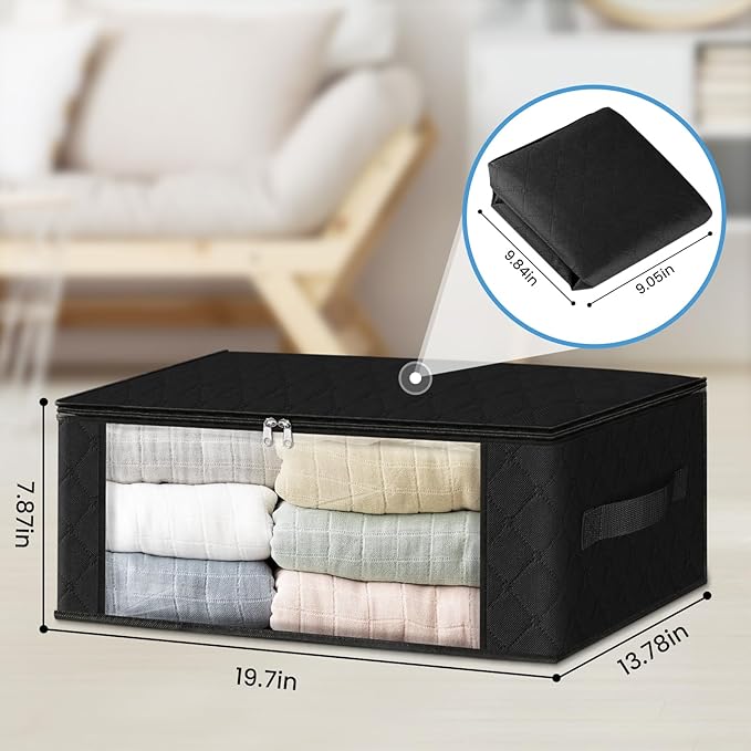 HomeHacks Storage 3-Pack Clothes Organizer Storage Bags Foldable Storage Box with Large Clear Window Sturdy Handles for Closet, Dorm, Pillows, Bedding, Clothes, Blankets, 35L, Black-NeatNest